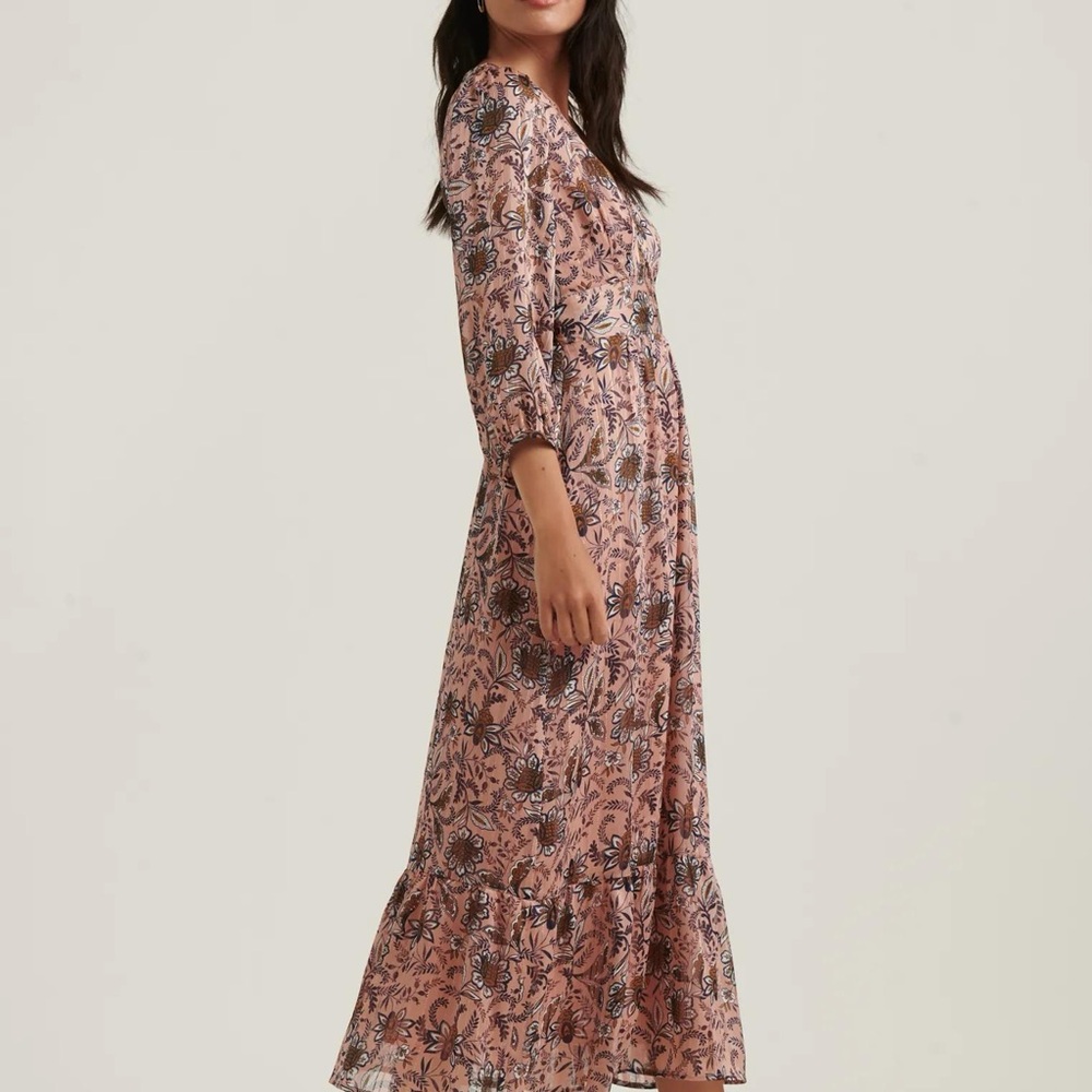 Lucky Brand Gabriella Maxi Dress Boho Flower Print Light Pink with Gold XS - Picture 2 of 13